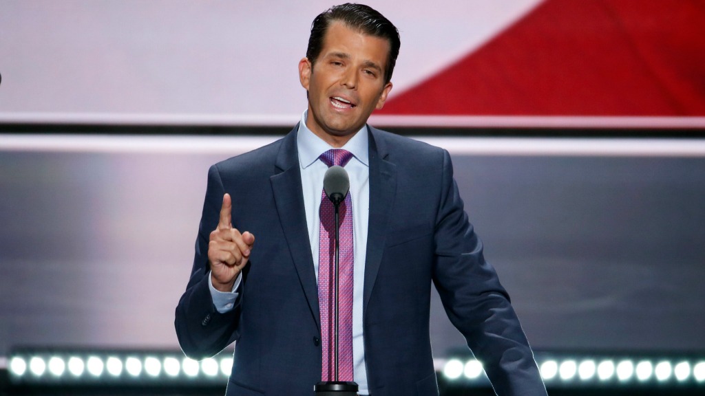 Donald Trump Jr. tijdens zijn speech. Foto: ANP
