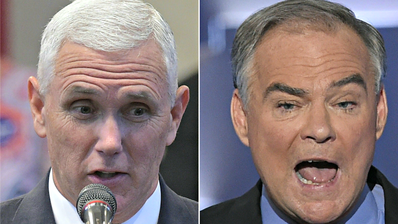 In de linkerhoek vannacht: Mike Pence voor de Republikeinen. In de rechterhoek: Tim Kaine voor de Democraten. Foto: ANP