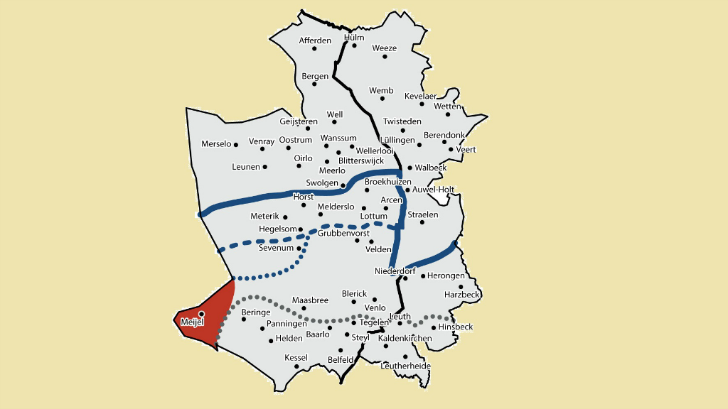 Dialectgrenzen in Limburg. Grijze bolletjeslijn = ik/ich; blauwe doorlopende lijn = zuidrand van de noordelijke dialecten, onmiskenbaar Kleverlands; rood = Meijel, waar men een Brabants dialect spreekt. Afbeelding Frens Bakker.