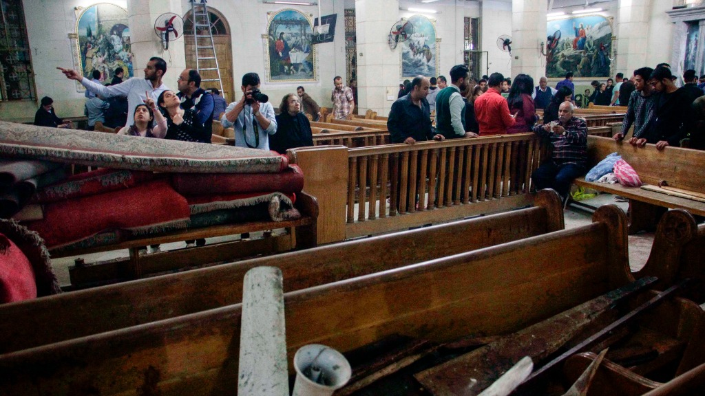 De getroffen kerk in Tanta. Foto: ANP/AFP