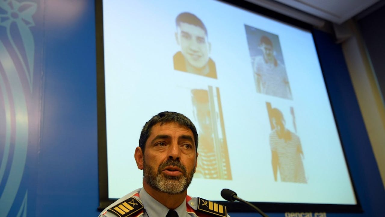 Het hoofd van de Catalaanse politie, Josep Lluis Trapero, tijdens een persconferentie over de identiteit van de bestuurder van het busje. Foto: ANP/AFP