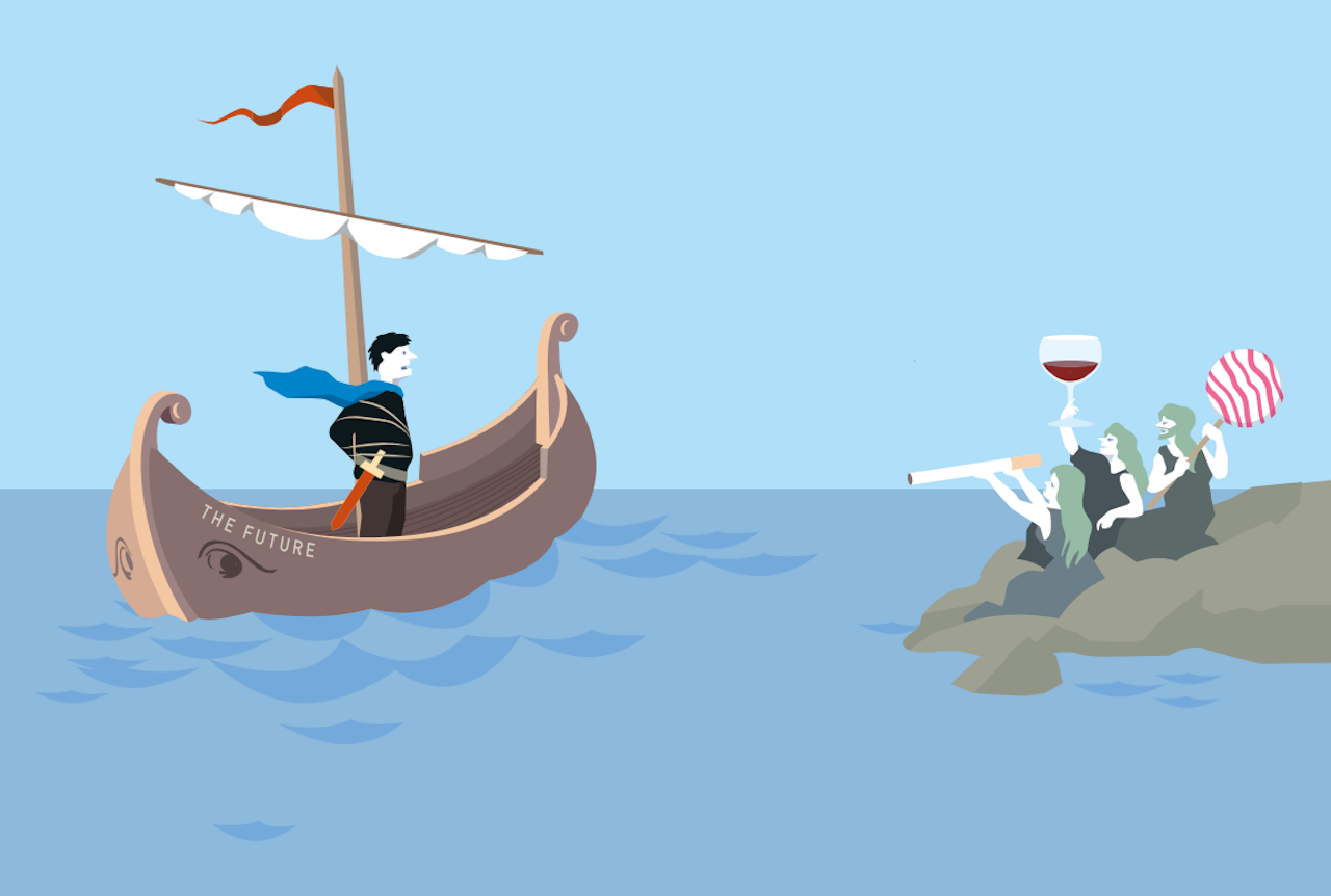 Kiezen tussen de plannen voor de toekomst en de begeerte van nu. Volgens de mythe liet Odysseus zich aan de mast van zijn schip vastbinden, om zich niet gek te laten maken door de Sirenen. Illustratie uit de perspresentatie van de Nobelprijs voor de economie.