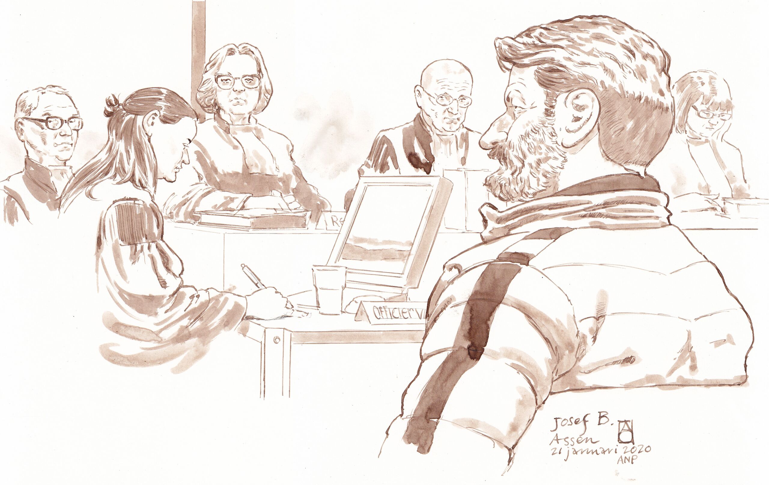 Rechtbanktekening van de Oostenrijkse huurder en klusjesman Josef B. tijdens de eerste pro-formazitting in de strafzaak Ruinerwold tegen hem en hoofdverdachte Gerrit Jan van D.
