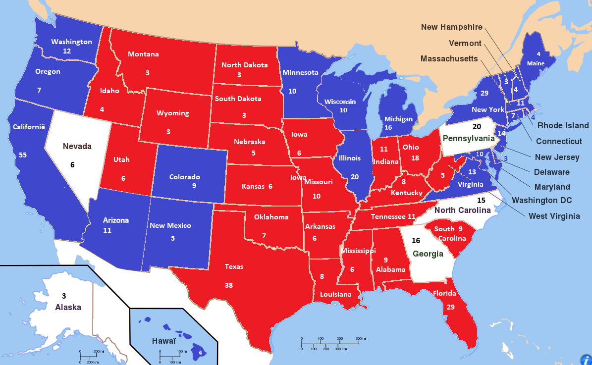De kaart met de verdeling van de staten. Arizona is controversieel: AP heeft de staat 'gecalled', oa CNN nog niet. 