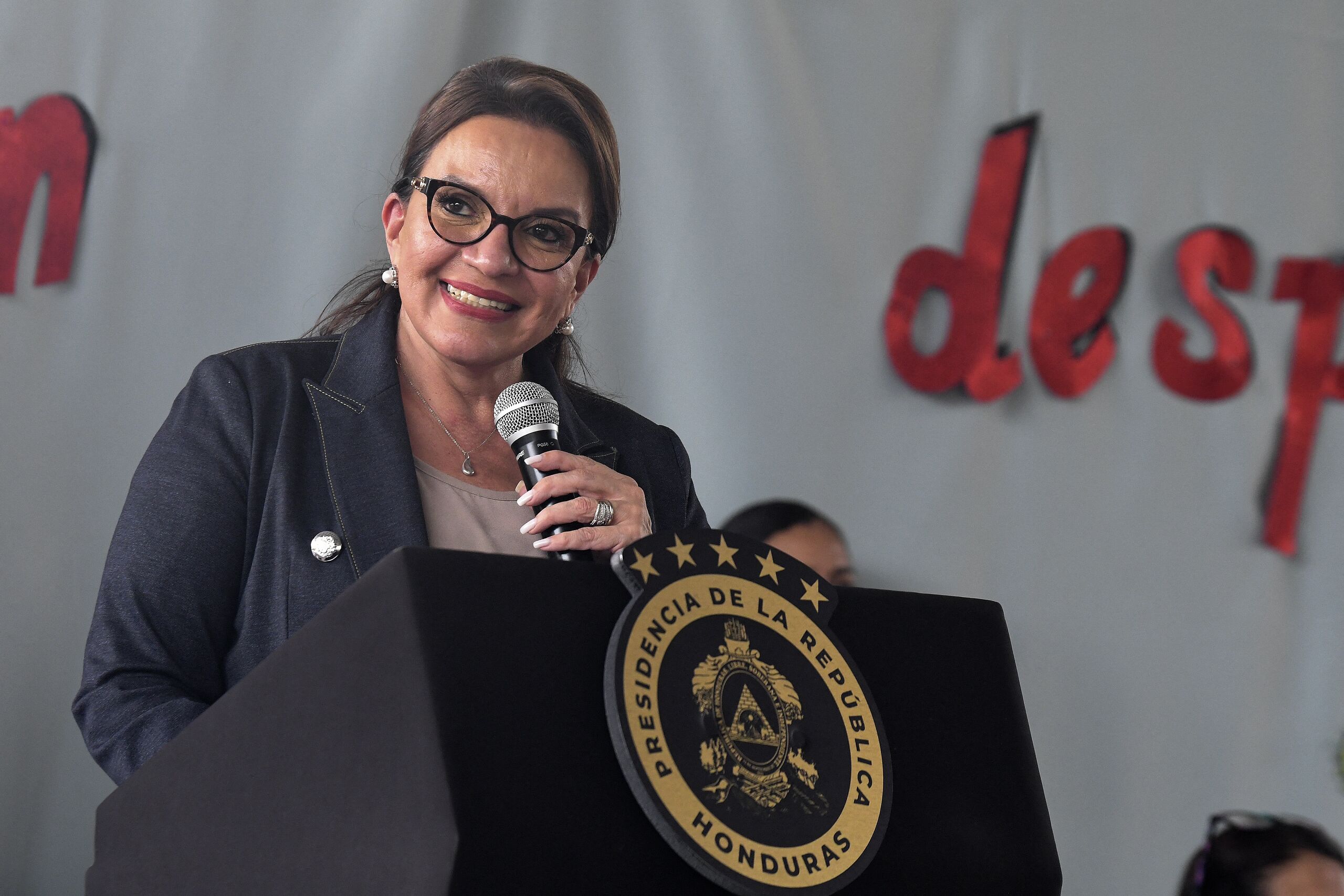 President Xiomara Castro tijdens haar maidenspeech als president op 9 mei 
