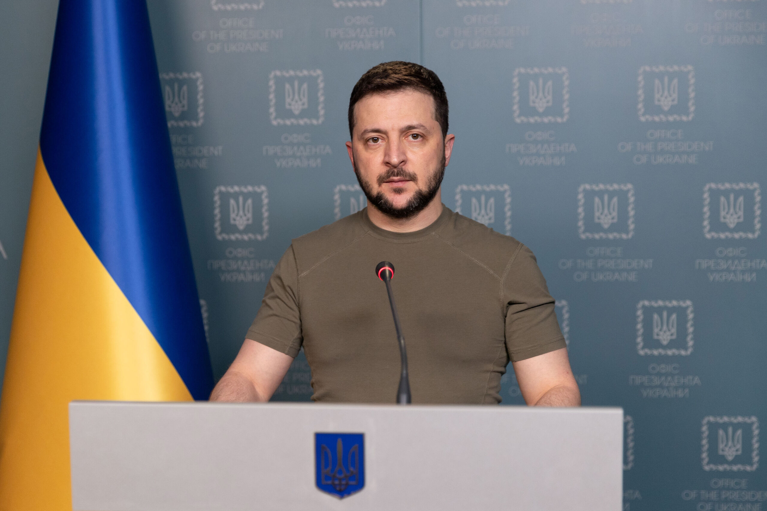 De Oekraïense president Zelenski in een videotoespraak.