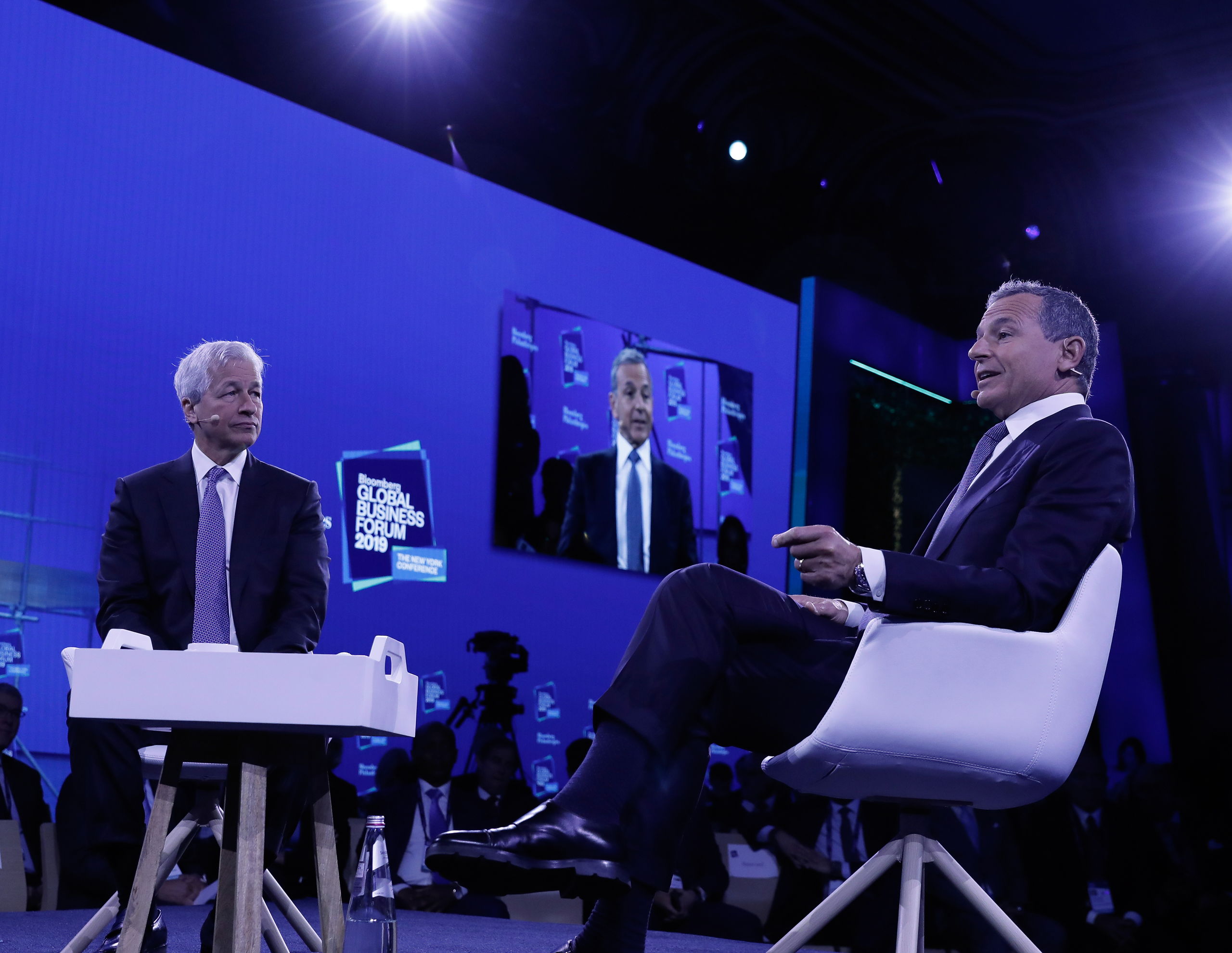 2019-09-25 20:43:05 epa07869534 Robert Iger, chairman and chief executive officer of The Walt Disney Company (R) and Jamie Dimon, Chairman and CEO of JPMorgan Chase speak at the Bloomberg Global Business Forum 2019 at the Plaza Hotel in New York, New York, USA, 25 September 2019. World leaders gathered for the United Nations General Debate this week, and business leaders are gathering for the event, which was organized by Bloomberg Philanthropies, to discuss economic and trade issues, globalization, innovation, and competition.  EPA/PETER FOLEY