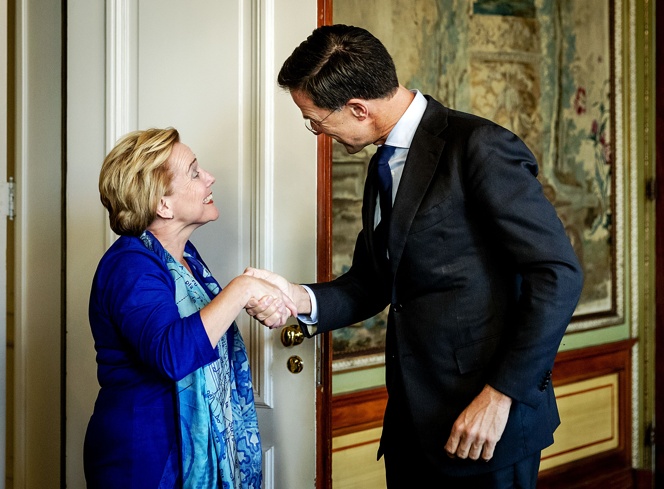 Ank Bijleveld (CDA) in de Stadhouderskamer voor een gesprek met formateur Mark Rutte. Bijleveld komt in aanmerking voor de post van de minister van Defensie in het kabinet Rutte III.