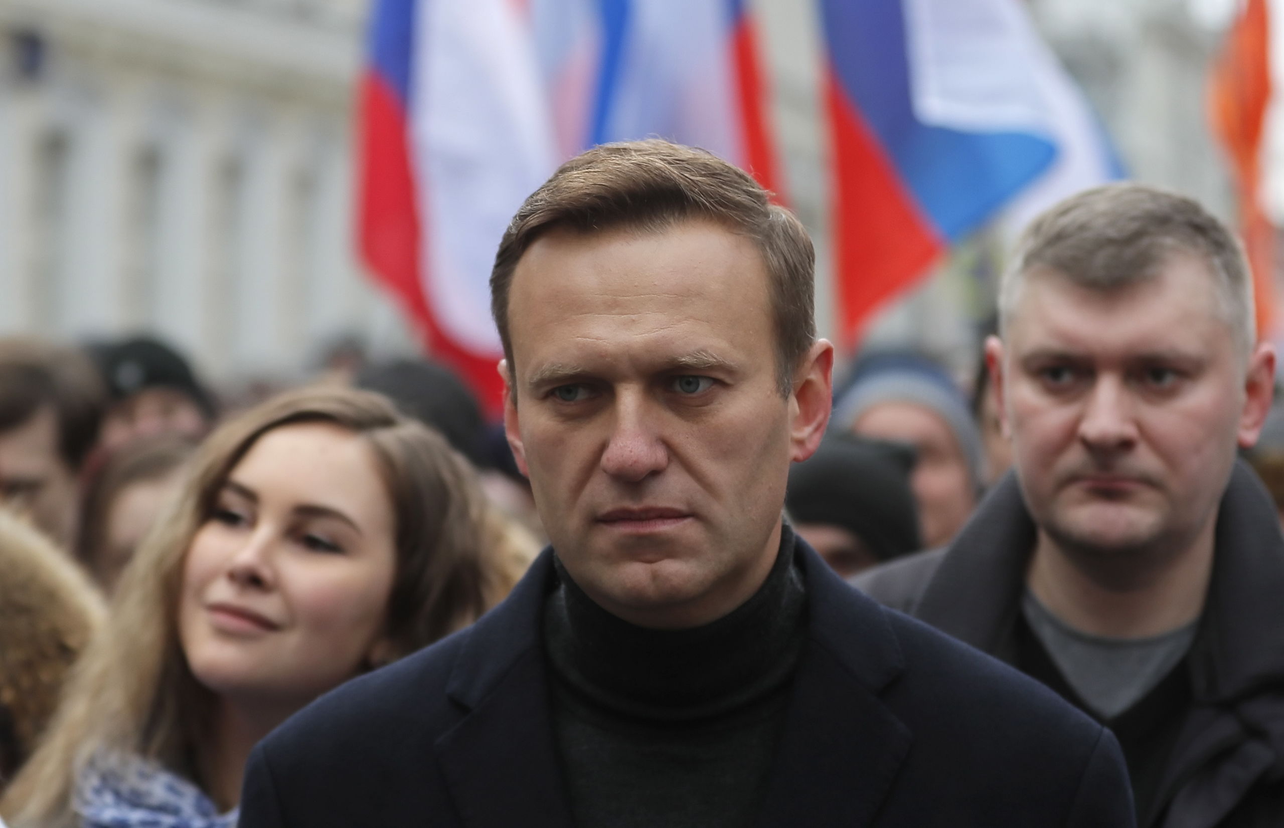 Oppositieleider Alexei Navalny tijdens een protestmars in februari van dit jaar