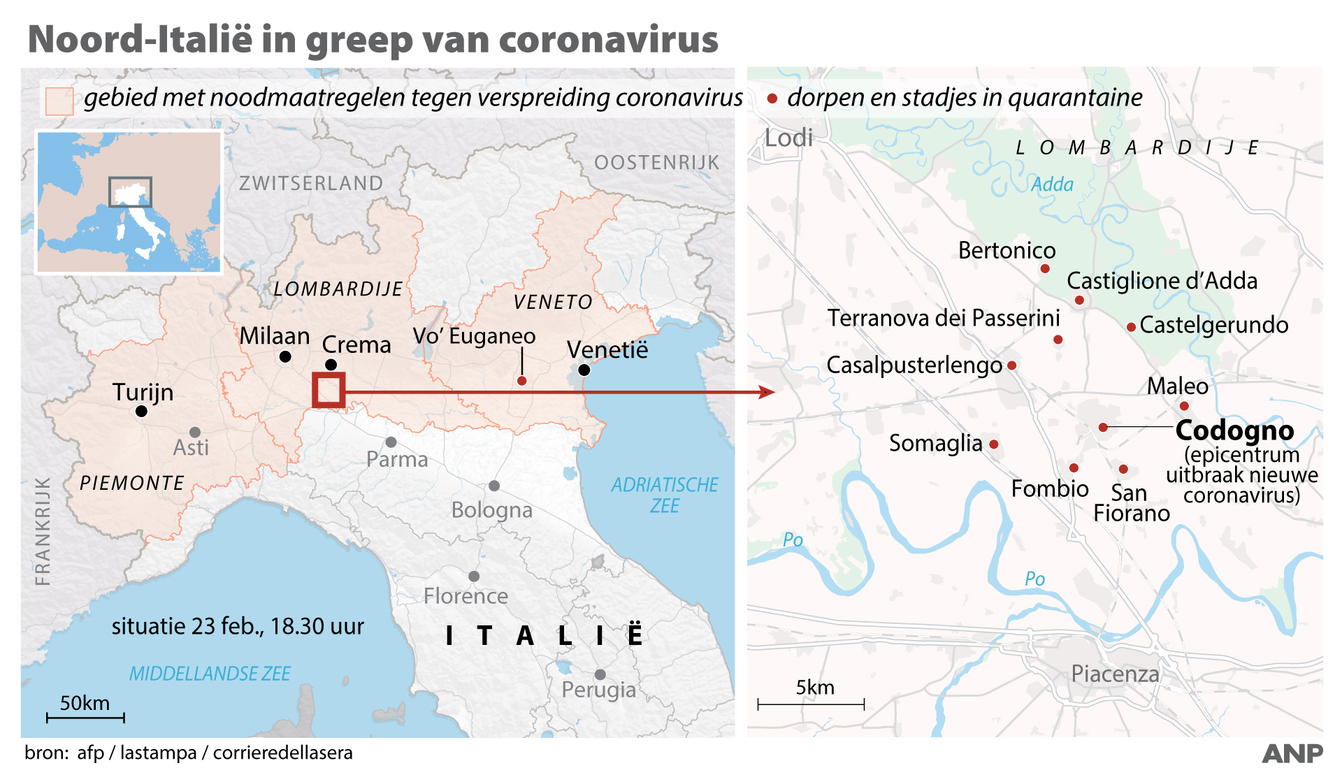 Noord-Italie in greep van coronavirus. Overzicht steden en dorpen in quarantaine. ANP