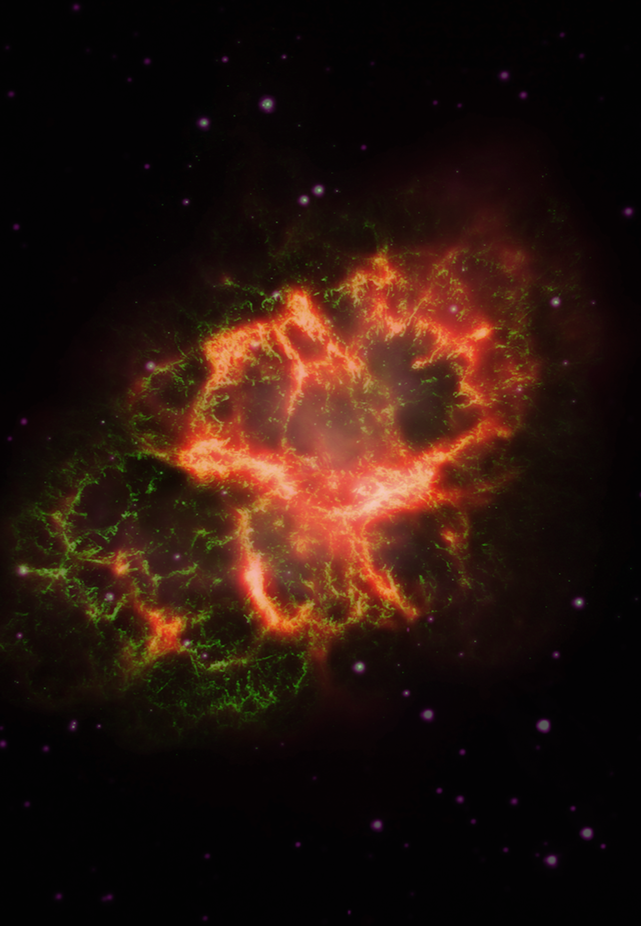 Afbeelding van de Krabnevel, samengesteld uit opnamen in zichtbaar licht, ultraviolet en infrarood