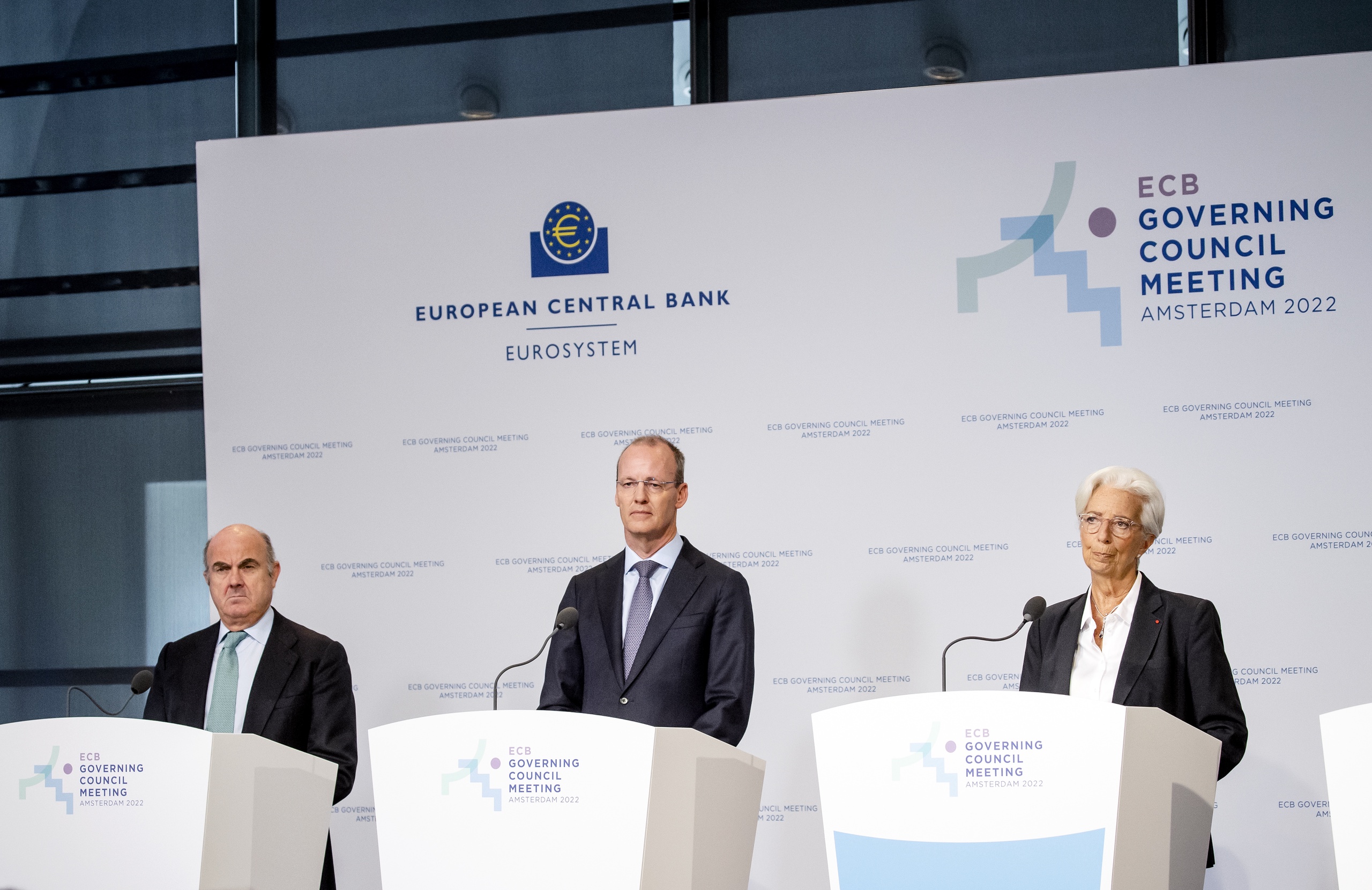 [vlnr] Luis de Guindos (ECB), Klaas Knot (DNB) en Christine Lagarde (ECB)
