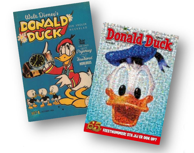 Het allereerste nummer van Donald Duck, en de jubileumeditie die morgen in de winkels ligt.