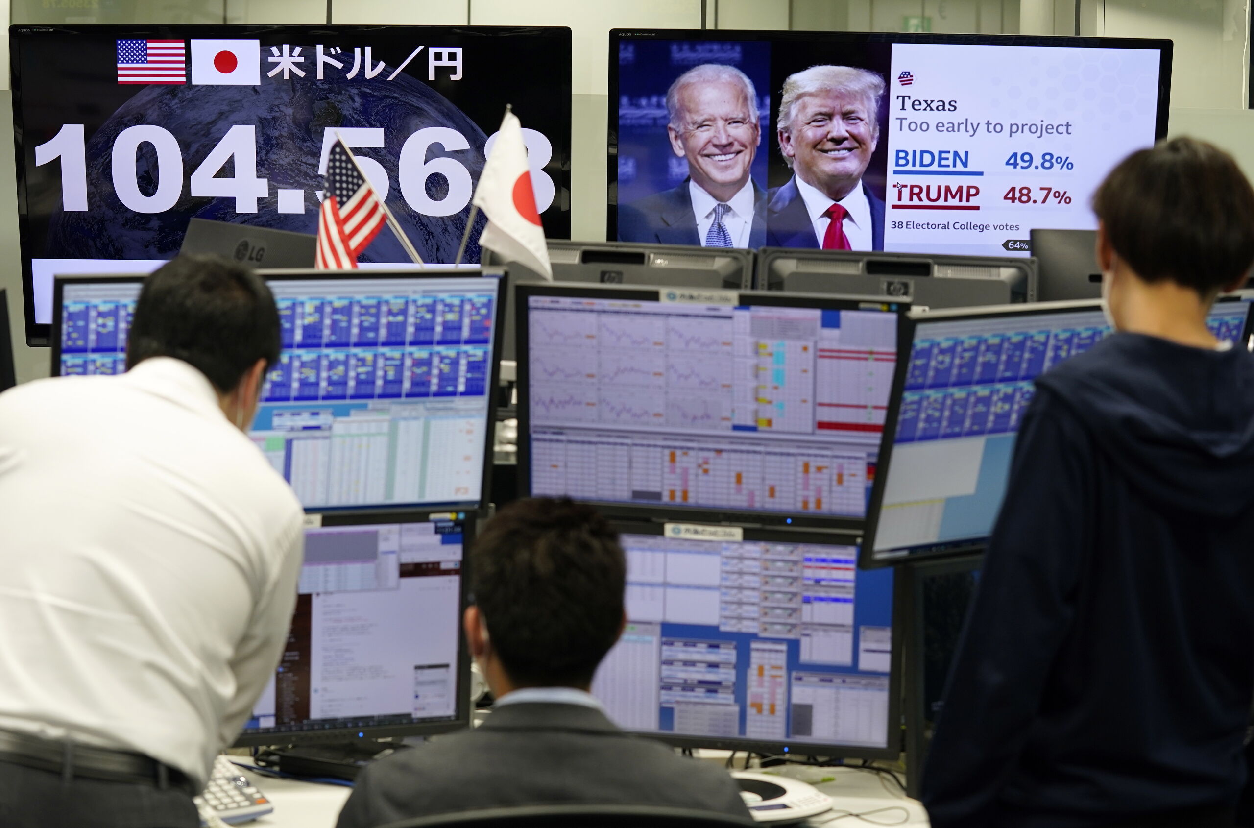 2020-11-04 09:39:55 epa08797391 Money dealers discuss trade between foreign currencies as they follow the US presidential election vote count, in Tokyo, Japan, 04 November 2020. EPA/KIMIMASA MAYAMA