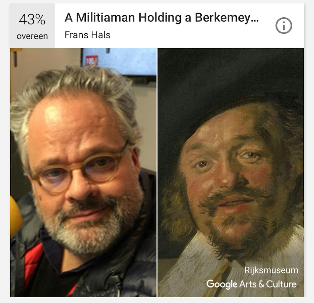 Bas van Werven (links) lijkt volgens de app het meeste op de persoon uit 'A Militiaman Holding a Berkemeyer, Known as the 'Merry Drinker' van Frans Hals