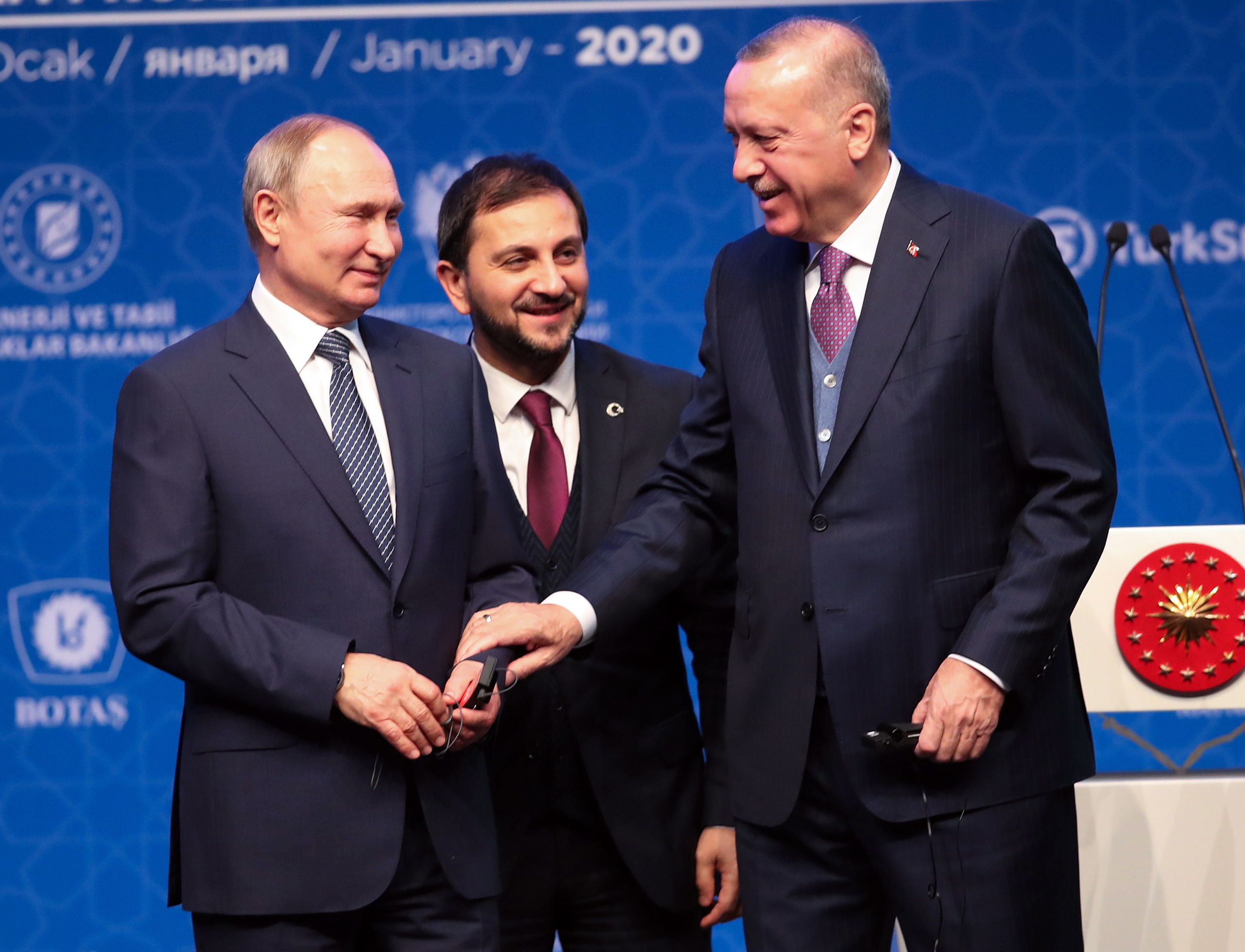 De Russische president Poetin en de Turkse president Erdogan tijdens de opening van de TurkStream-gasleiding