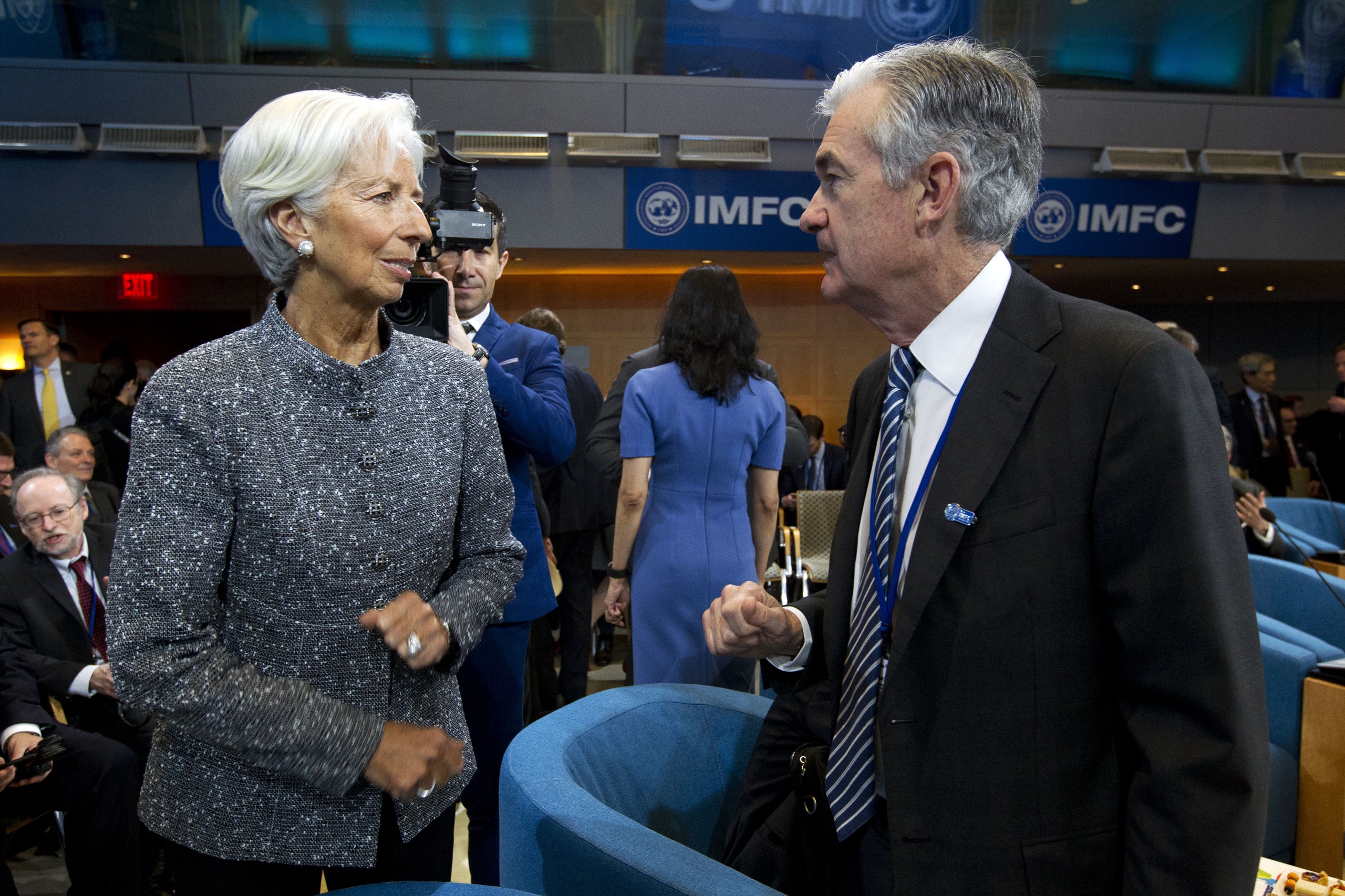Christine Lagarde, topvrouw van de ECB met Jerome Powell, topman van de Federal Reserve.