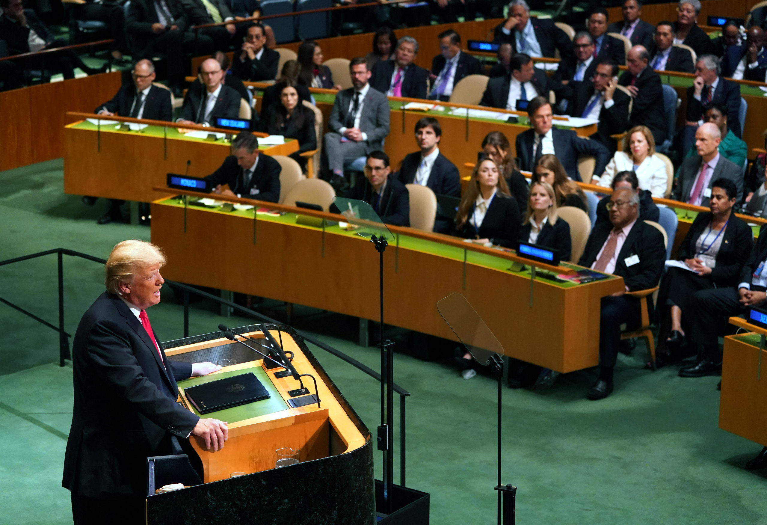 Trump spreekt de Algemene Vergadering toe.