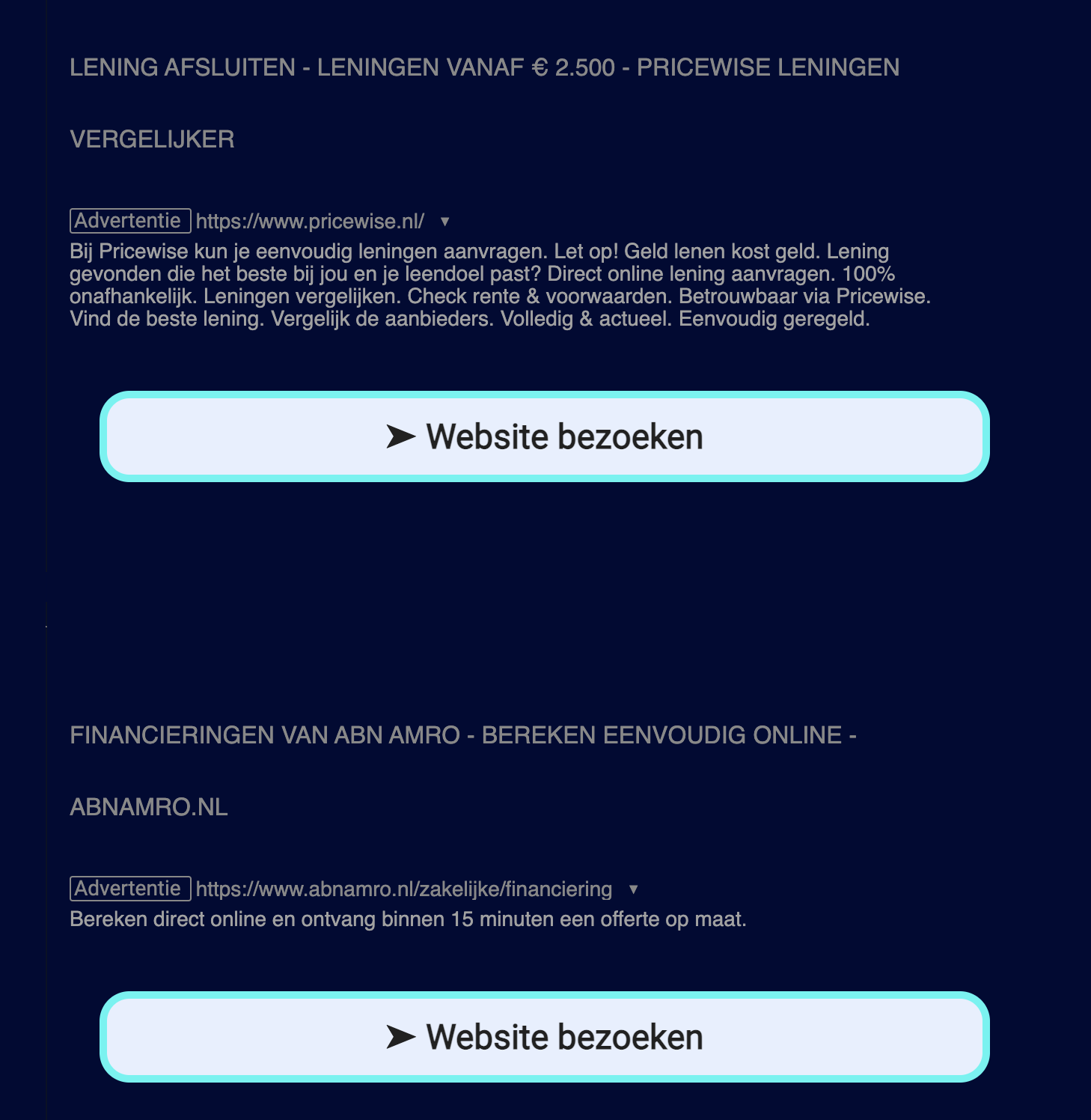 Eine der Zielseiten, auf die die Deepfake-Anzeigen verlinken, verweist auf Kredite, die bei Pricewise und ABN Amro aufgenommen werden können.