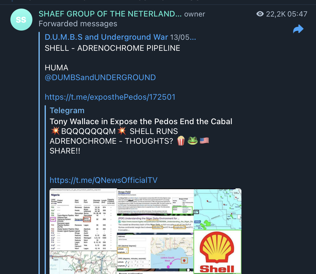 A conspiracy theory linking Shell to pedophilia.  Many conspiracy theories make relationships that are difficult to trace. 