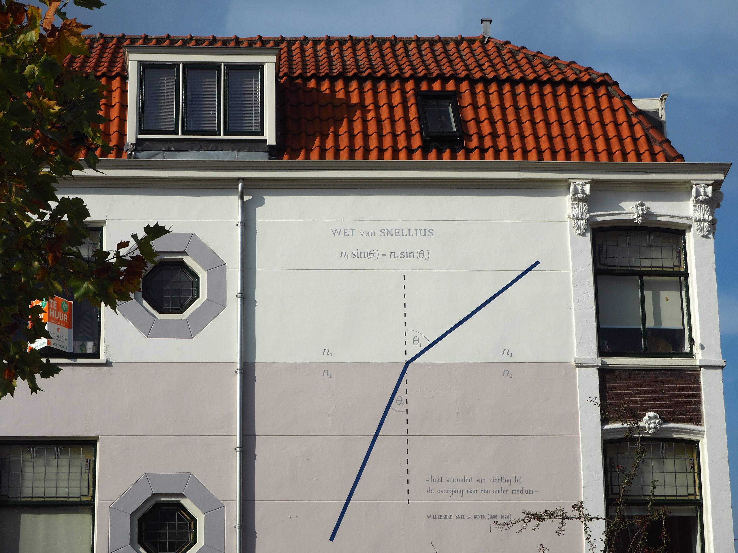 Muurschildering van de formule voor Lorentzcontractie, op een pand aan de Haagweg in Leoden