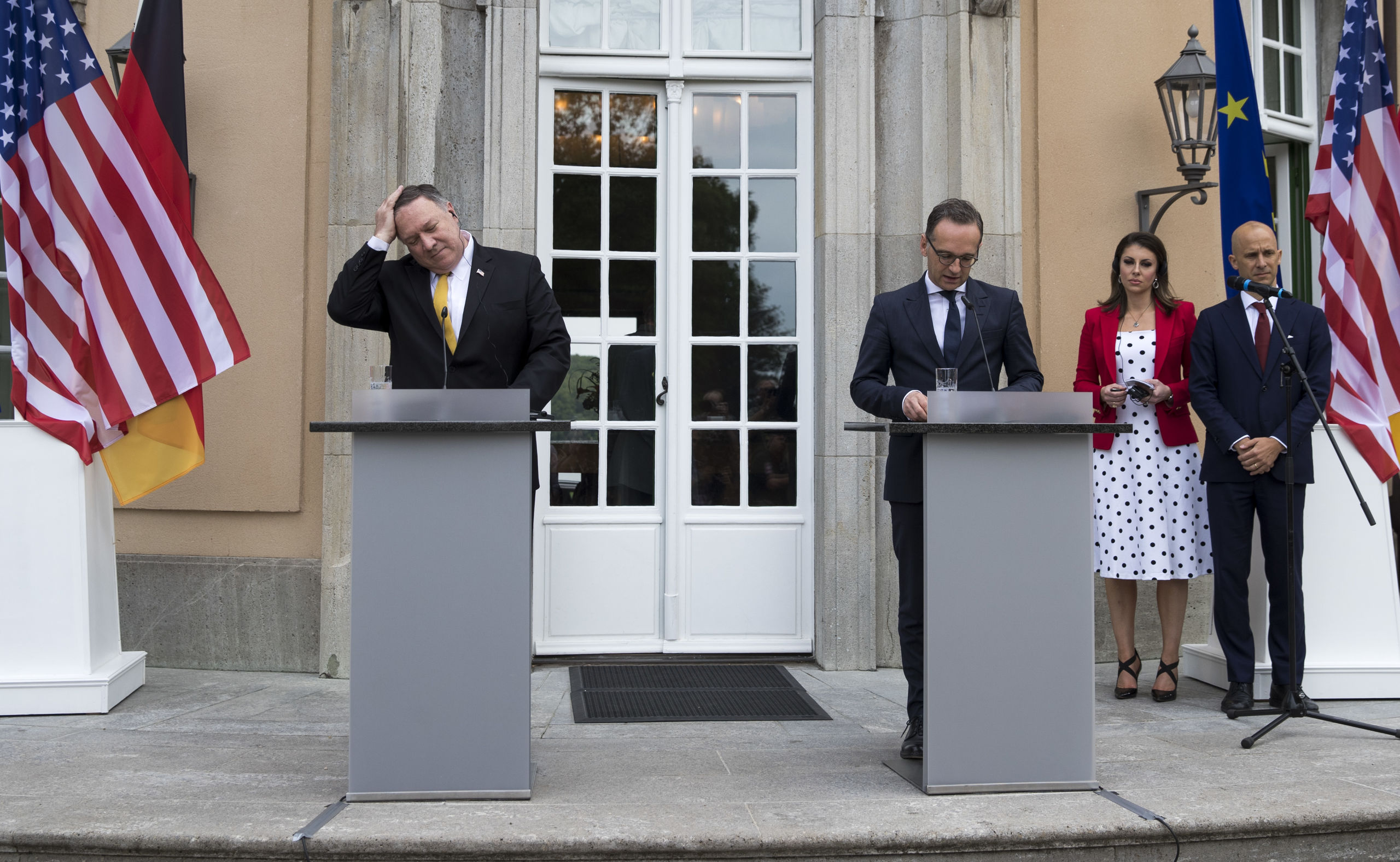 Mike Pompeo (links), de minister van Buitenlandse Zaken van de Verenigde Staten deed eerder deze dag een bezoek aan zijn Duitse ambtgenoot Heiko Maas (rechts).