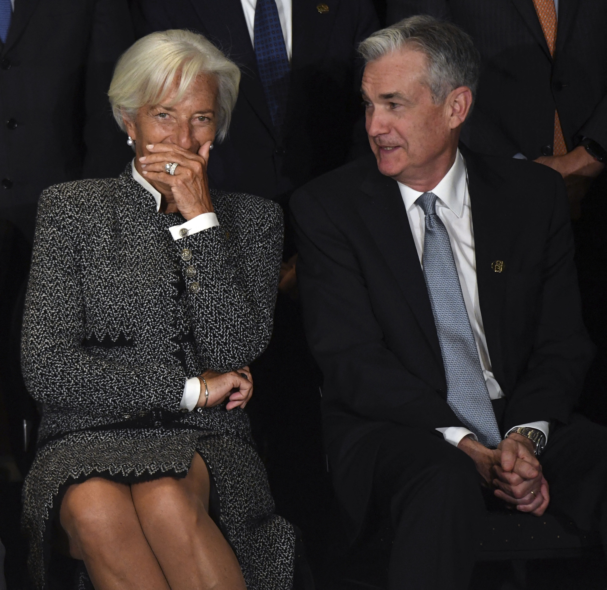 President van de Europese Centrale Bank Christine Lagarde met haar Amerikaanse collega Jerome Powell van de Federal Reserve.